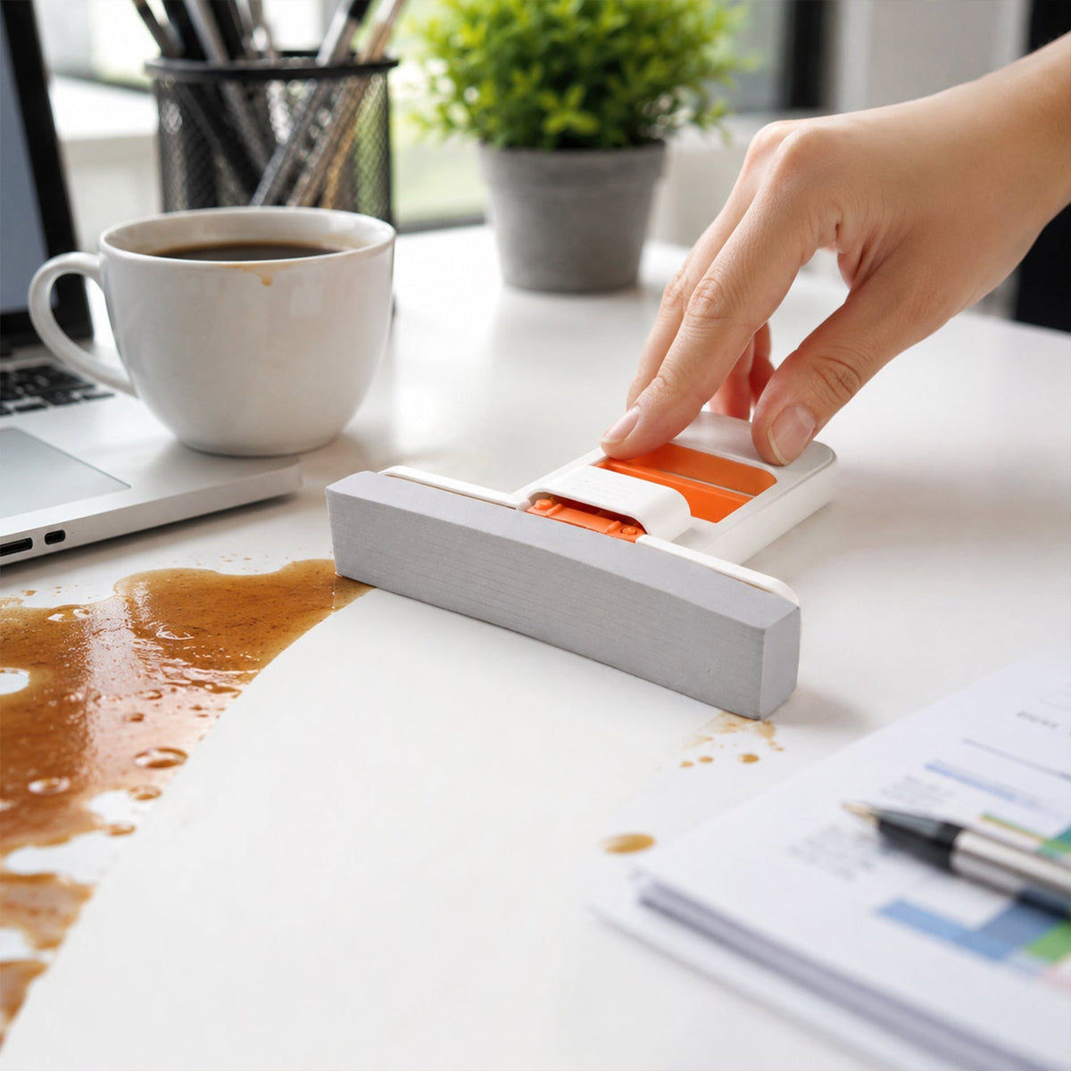 A front view of the white and orange mini sponge mop with a grey sponge head, isolated on a white background.