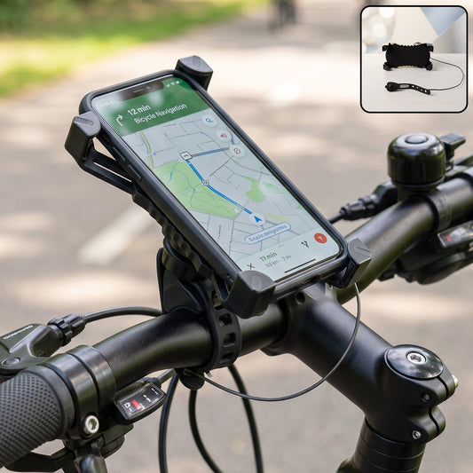 Plastic bicycle phone holder with handlebar mount and horn
