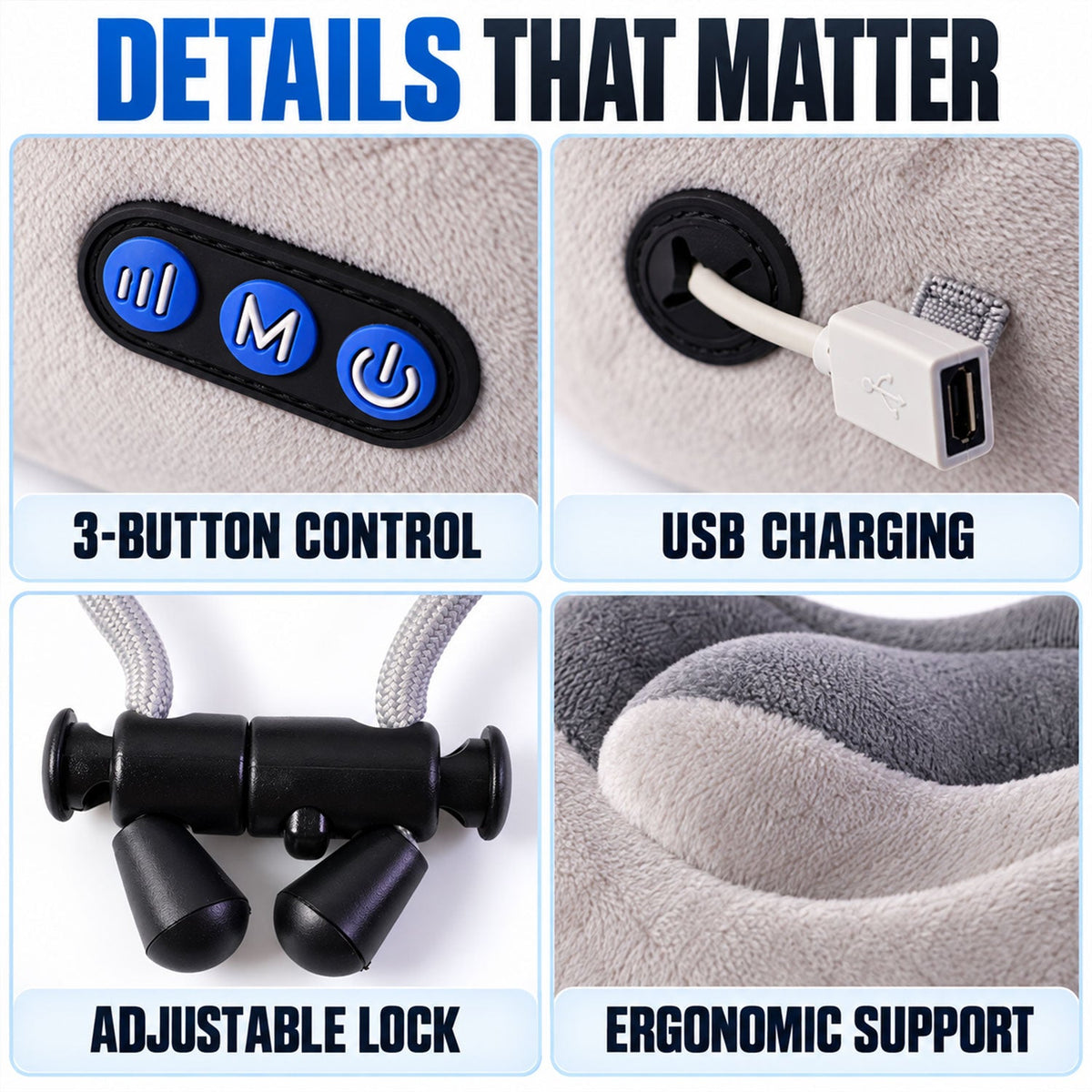 Four detailed close-ups showing the 3-button control, USB charging port, adjustable lock, and ergonomic support of the