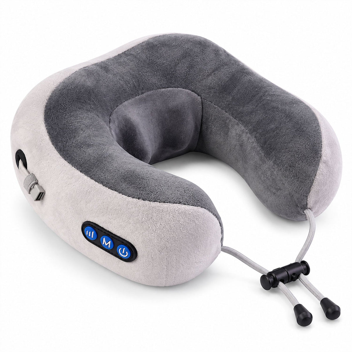 A grey and white U-shaped neck massage pillow with control buttons and adjustable drawstring closure on a white surface.