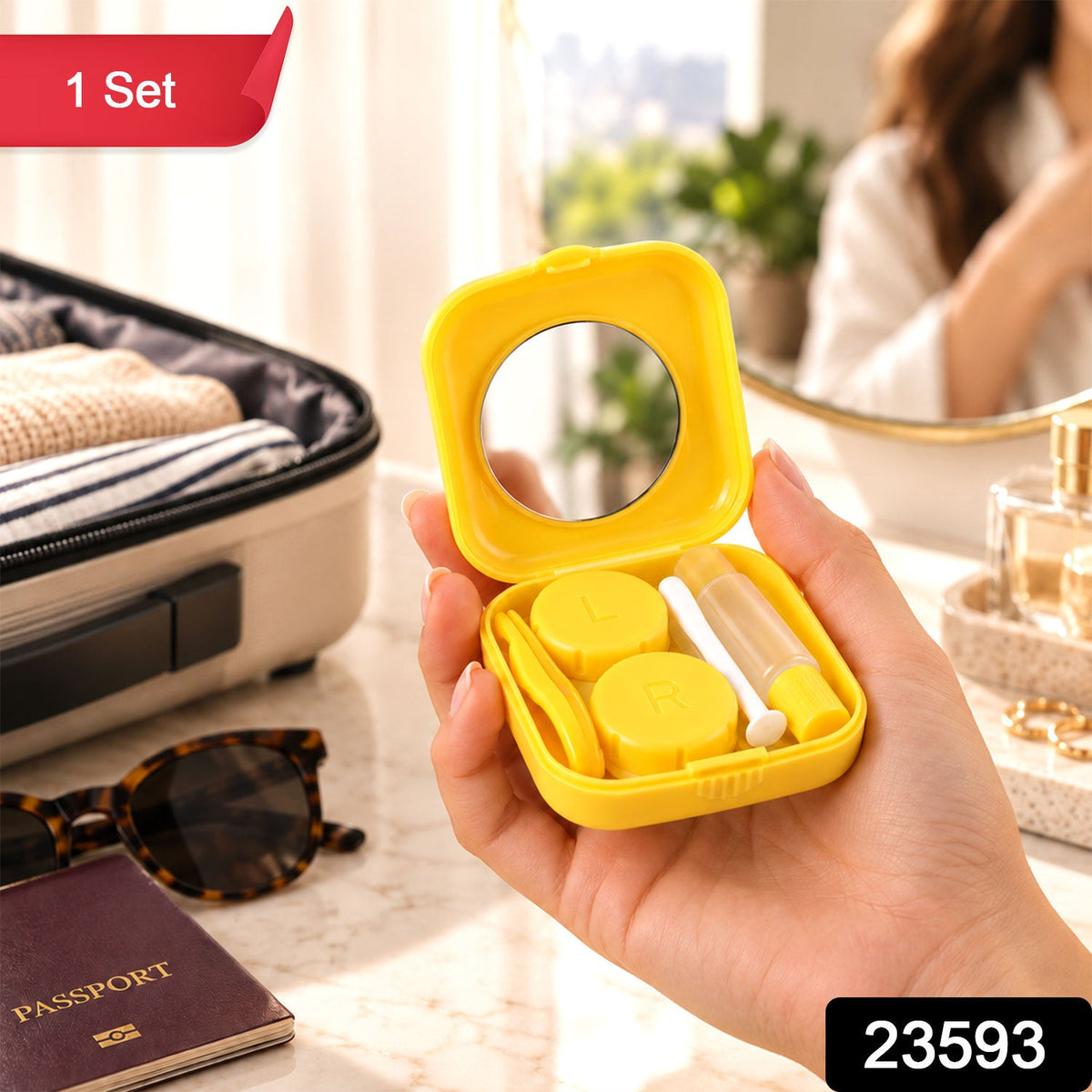 A hand holds an open yellow contact lens case with mirror, solution bottle, tweezers, and applicator, next to a â€“ view 2