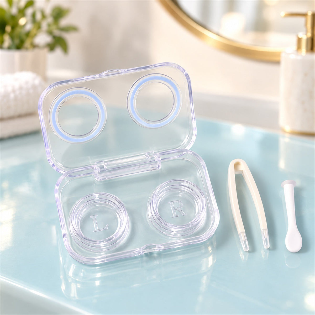 Compact contact lens case with tweezers and applicator 01