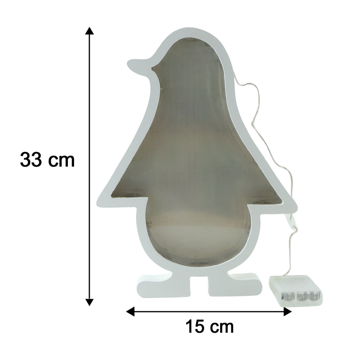 White penguin-shaped infinity mirror light unlit, with dimensions of 33 cm height and 15 cm width indicated.