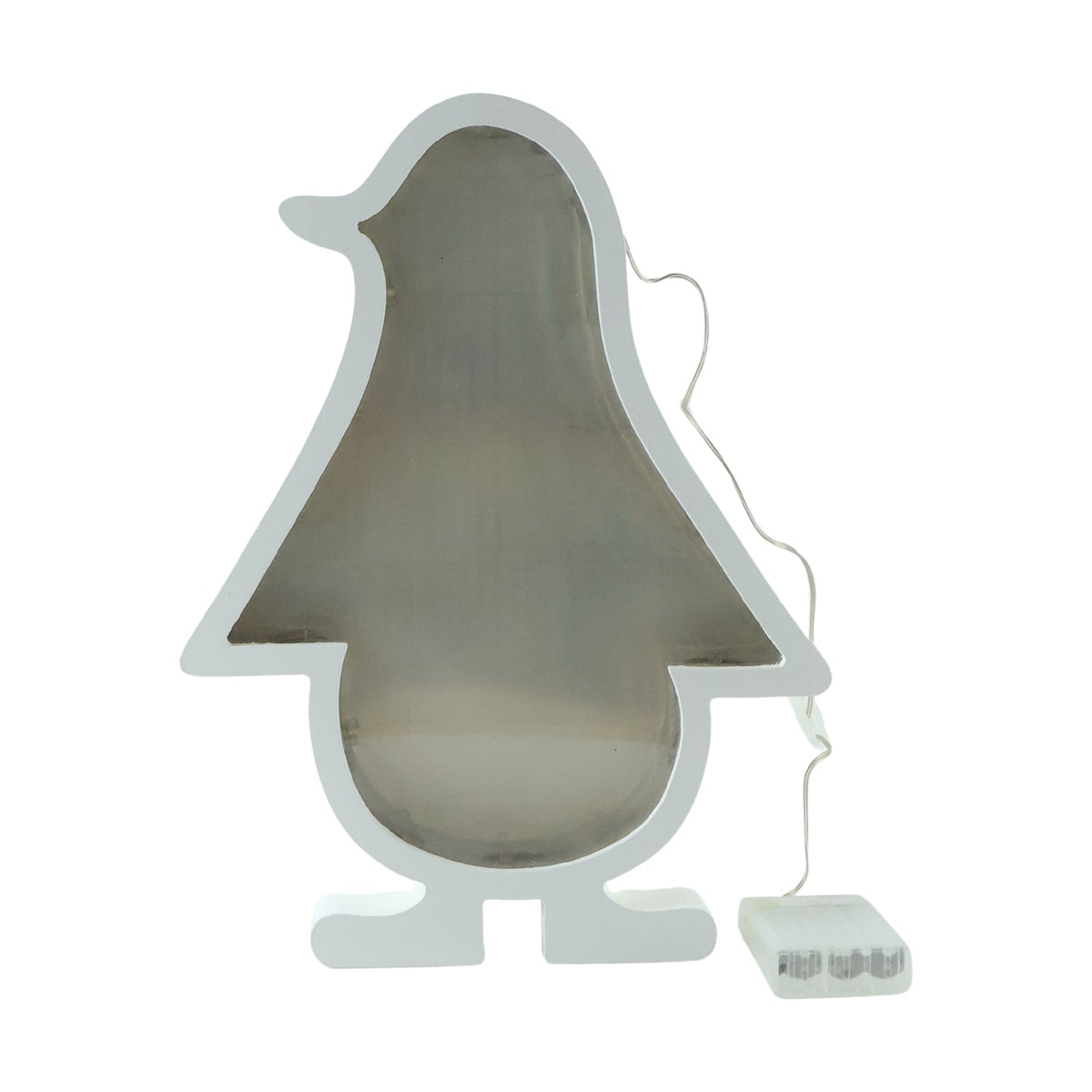 White penguin-shaped infinity mirror light unlit, with a clear battery pack and wire, against a pure white background.
