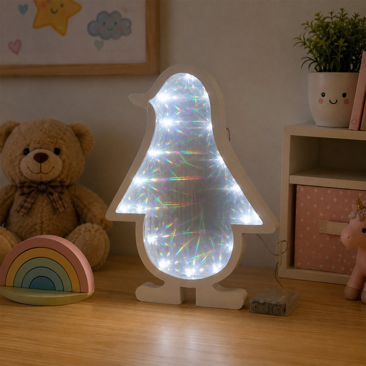 White penguin-shaped infinity mirror light glowing on a wooden surface, next to a teddy bear and a wooden rainbow toy.