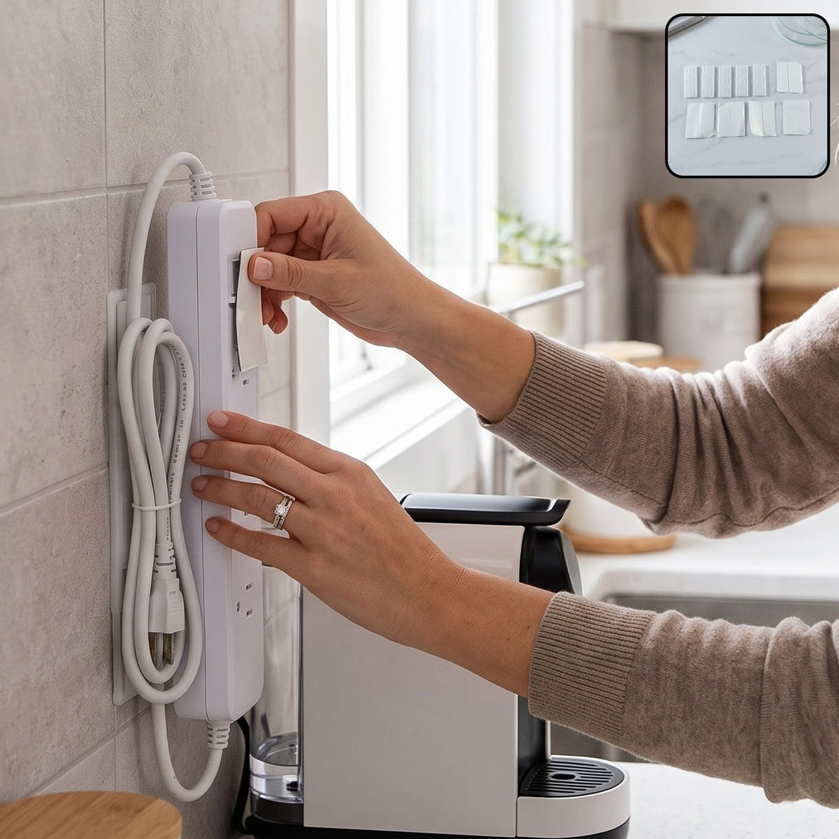 Adhesive power strip holder installed on wall