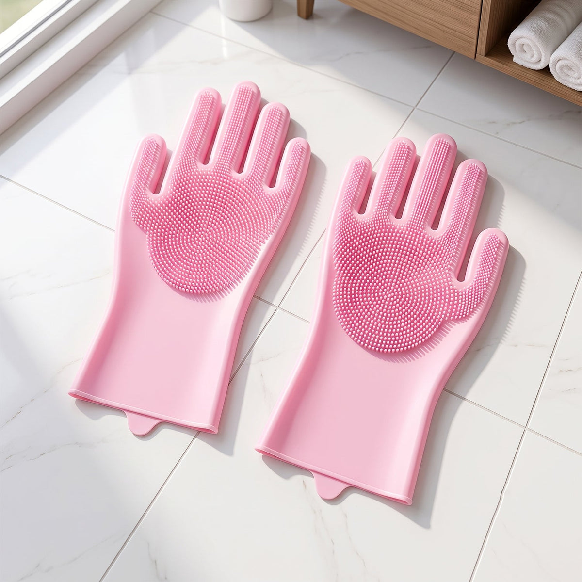 A pair of pink silicone scrubbing gloves lying flat on a light-colored tiled floor next to a cabinet.
