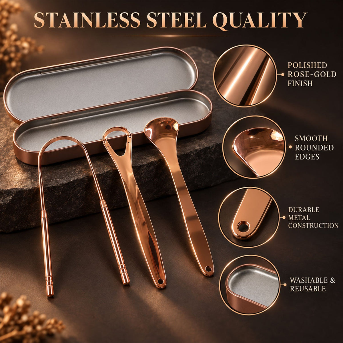 Stainless steel tongue cleaner set with travel case - material and finish