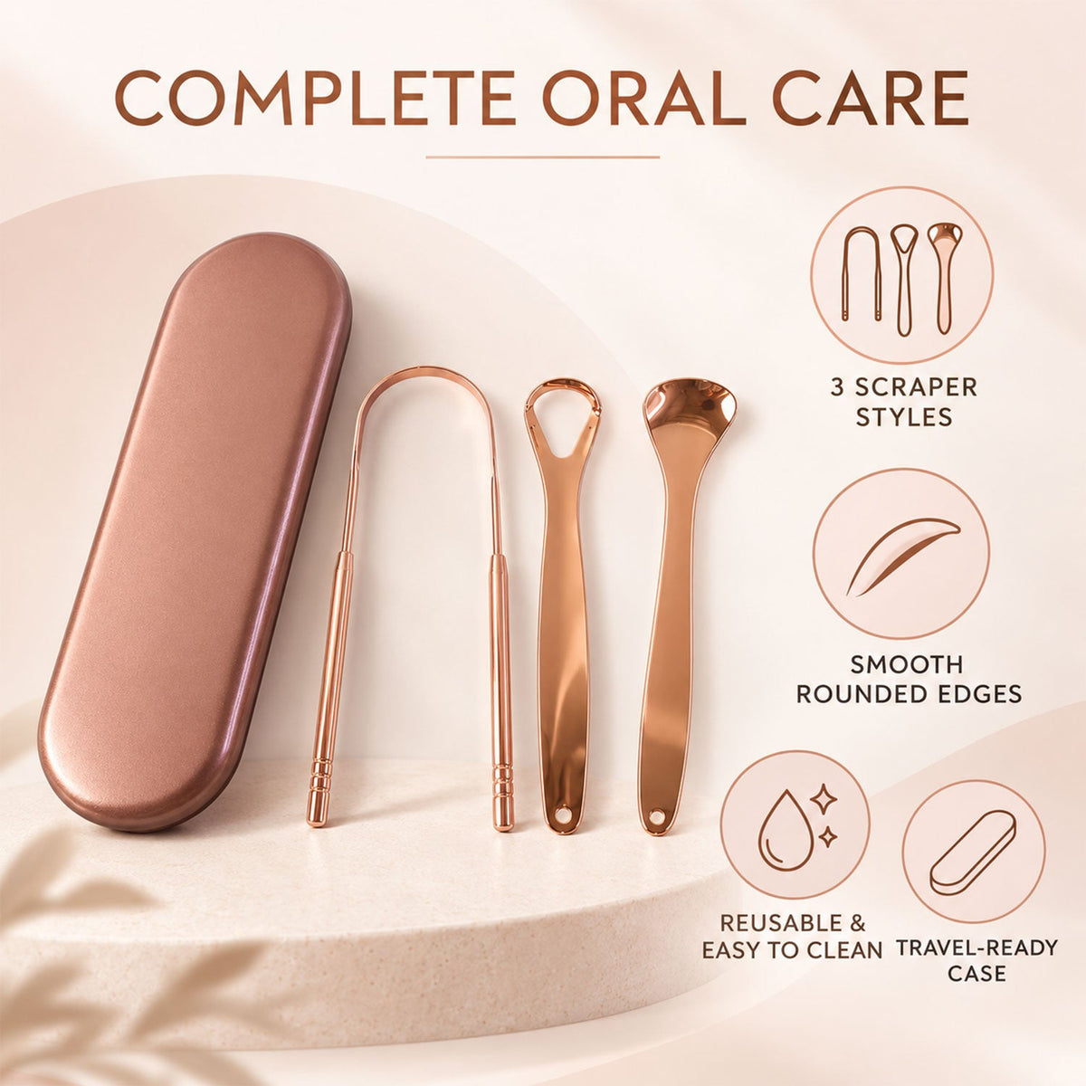 Stainless steel tongue cleaner set with travel case - set contents