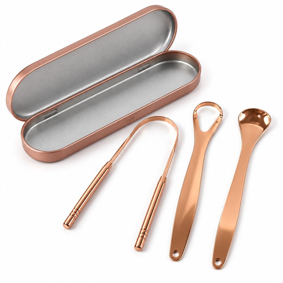 Stainless steel tongue cleaner set with travel case - white background
