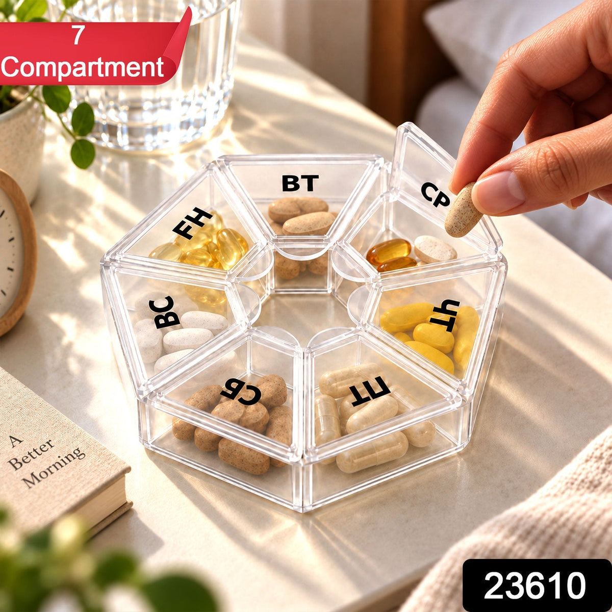 Medicine Pill Box with Clear Flip Lids for Weekly Travel Storage (7 Compartment)