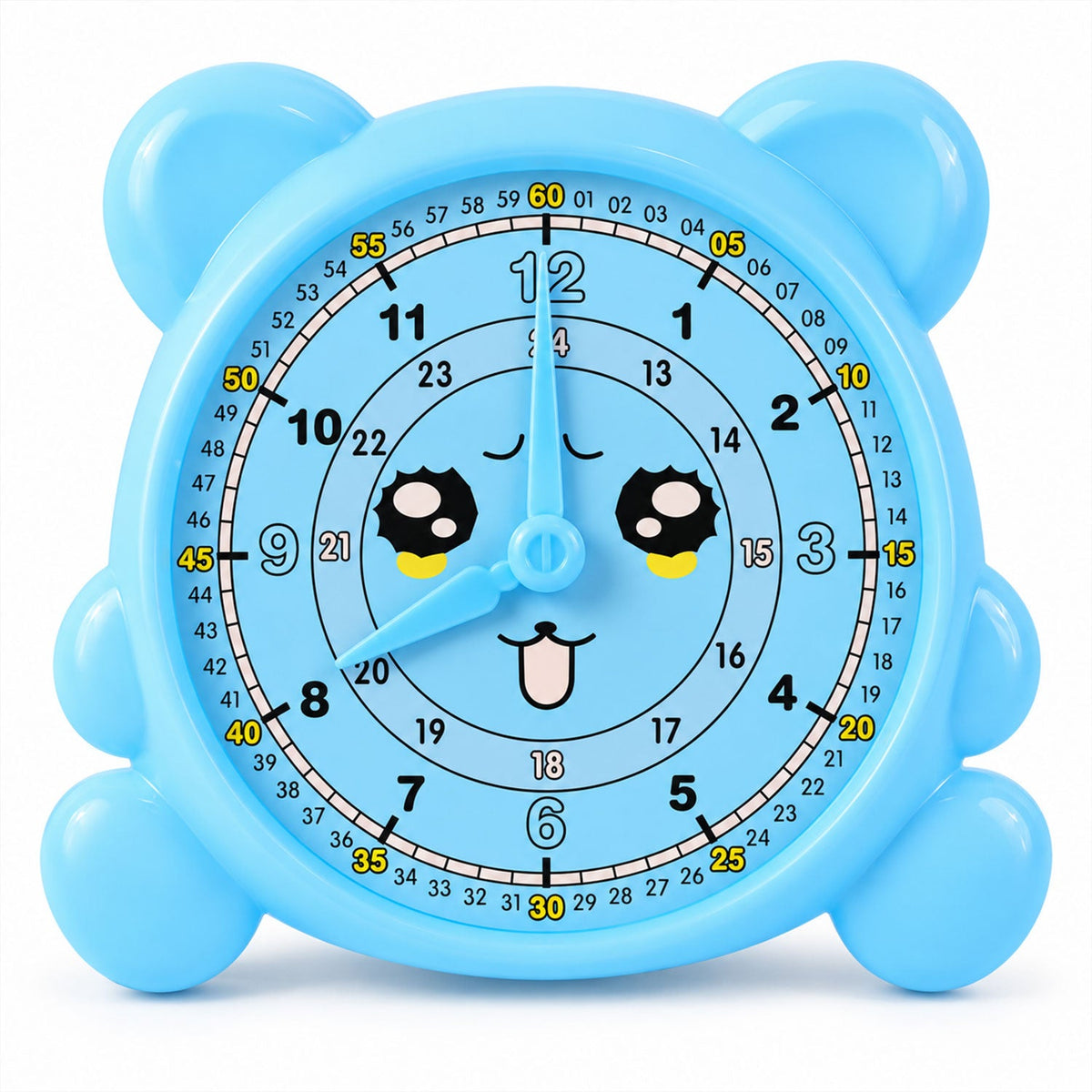 A light blue bear-shaped learning clock with a happy face, displaying clear numbers and minute markings.