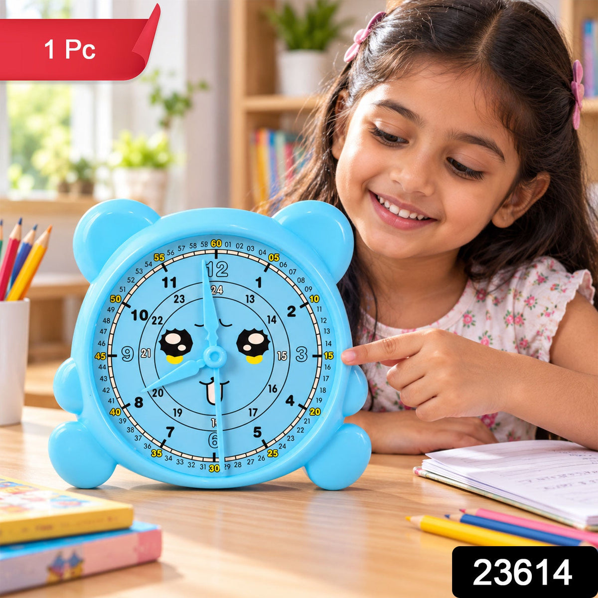A smiling child interacts with a light blue learning clock, featuring a happy face and clear time markings.