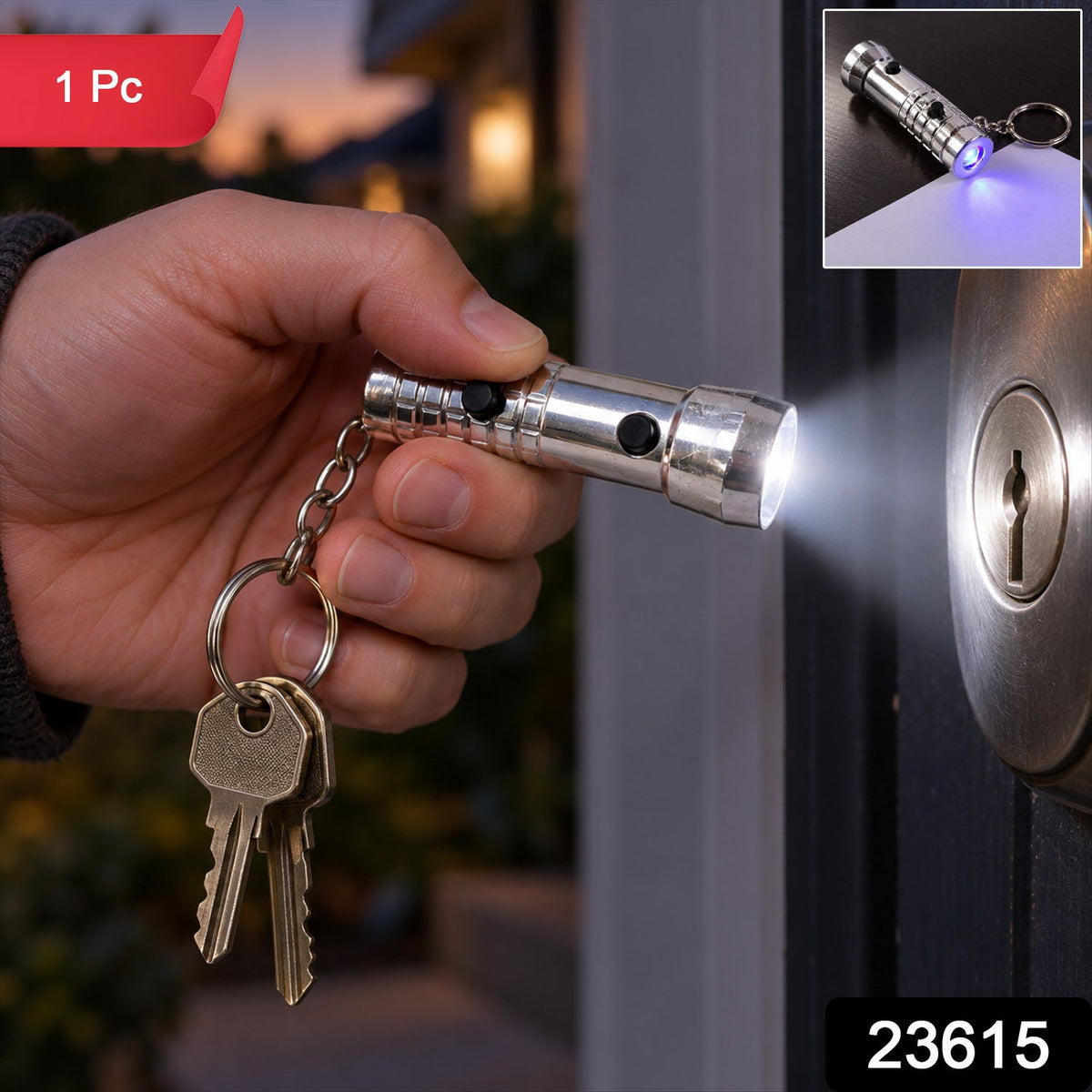 A hand holds a silver keychain flashlight, illuminating a keyhole with white light; a small inset shows it emitting blue