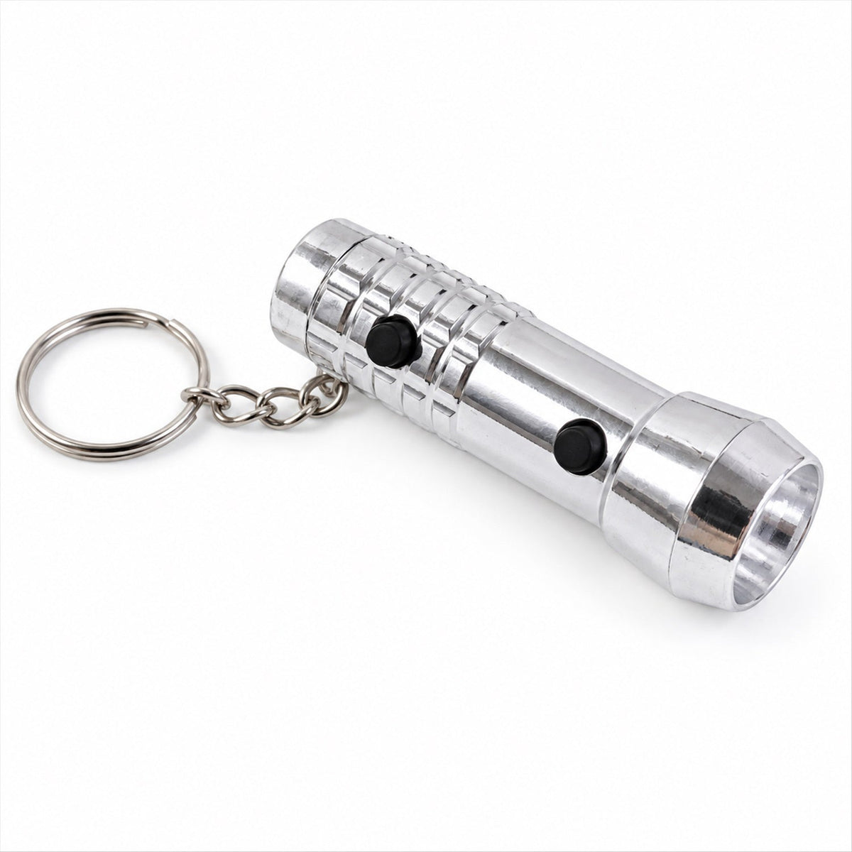 A silver keychain flashlight with a keyring and two black buttons is shown unlit on a white background.