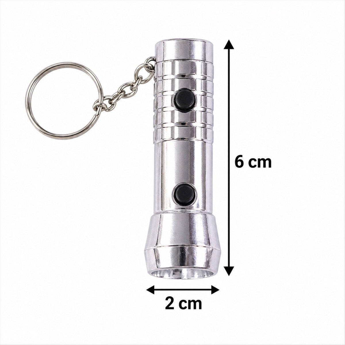A silver keychain flashlight with a keyring and two buttons is shown with dimensions: 6 cm length, 2 cm width.