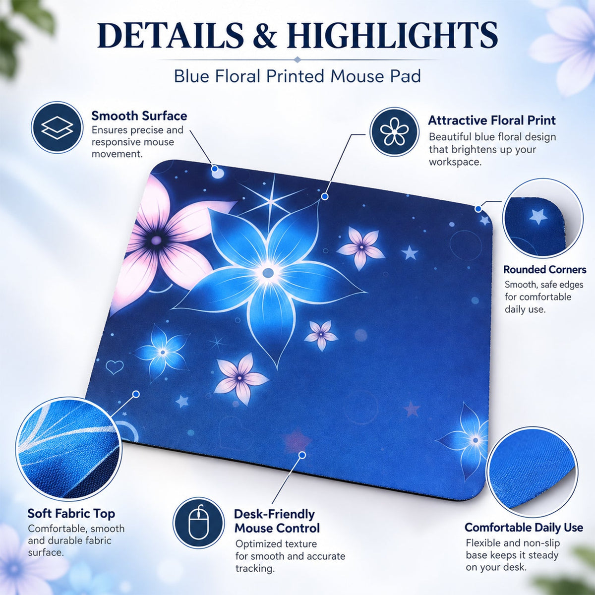 Blue floral mouse pad - design highlights