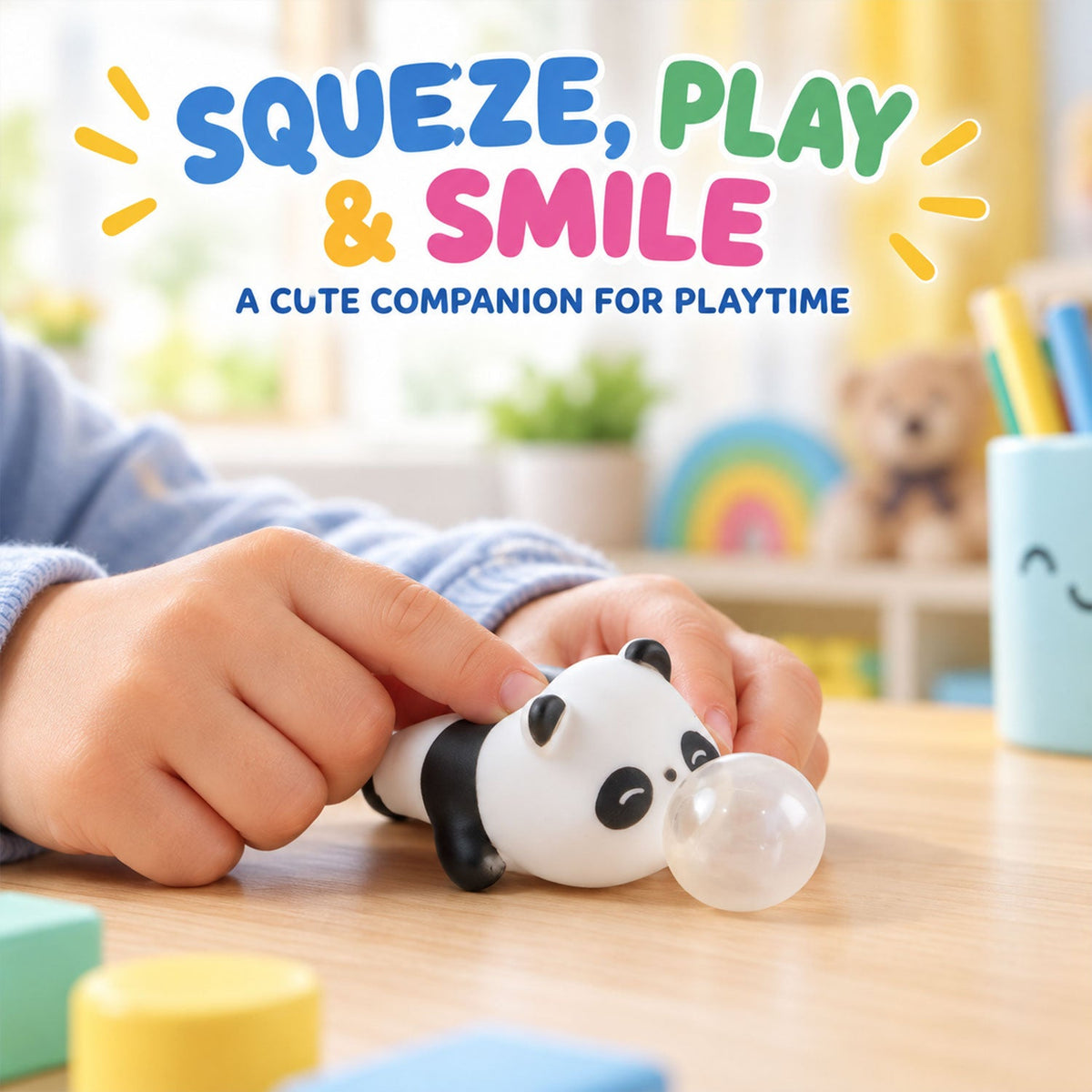 A child's hands gently press a panda squishy toy, making a clear bubble appear from its mouth.