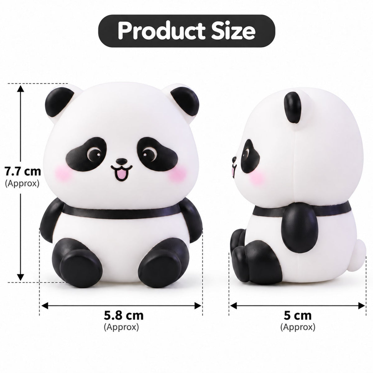 Front and side views of the panda night light with dimensions indicating a height of 7.7 cm and widths of 5.8 cm and 5 cm.
