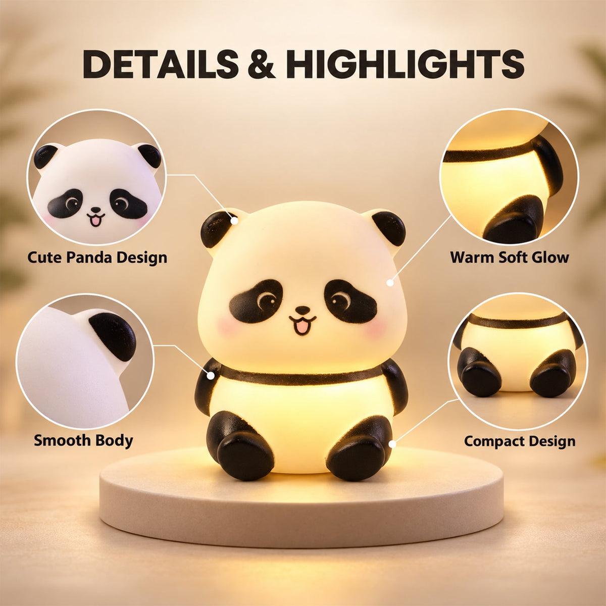 A glowing panda night light on a stand with callouts highlighting its cute design, warm glow, smooth body, and compact size.