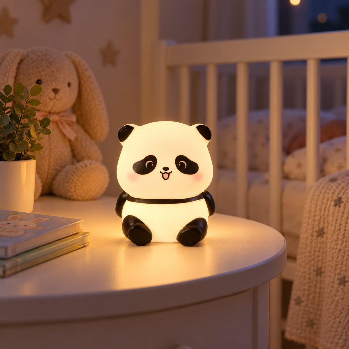 A glowing panda night light on a white bedside table in a nursery, with a plush bunny and a crib in the background.
