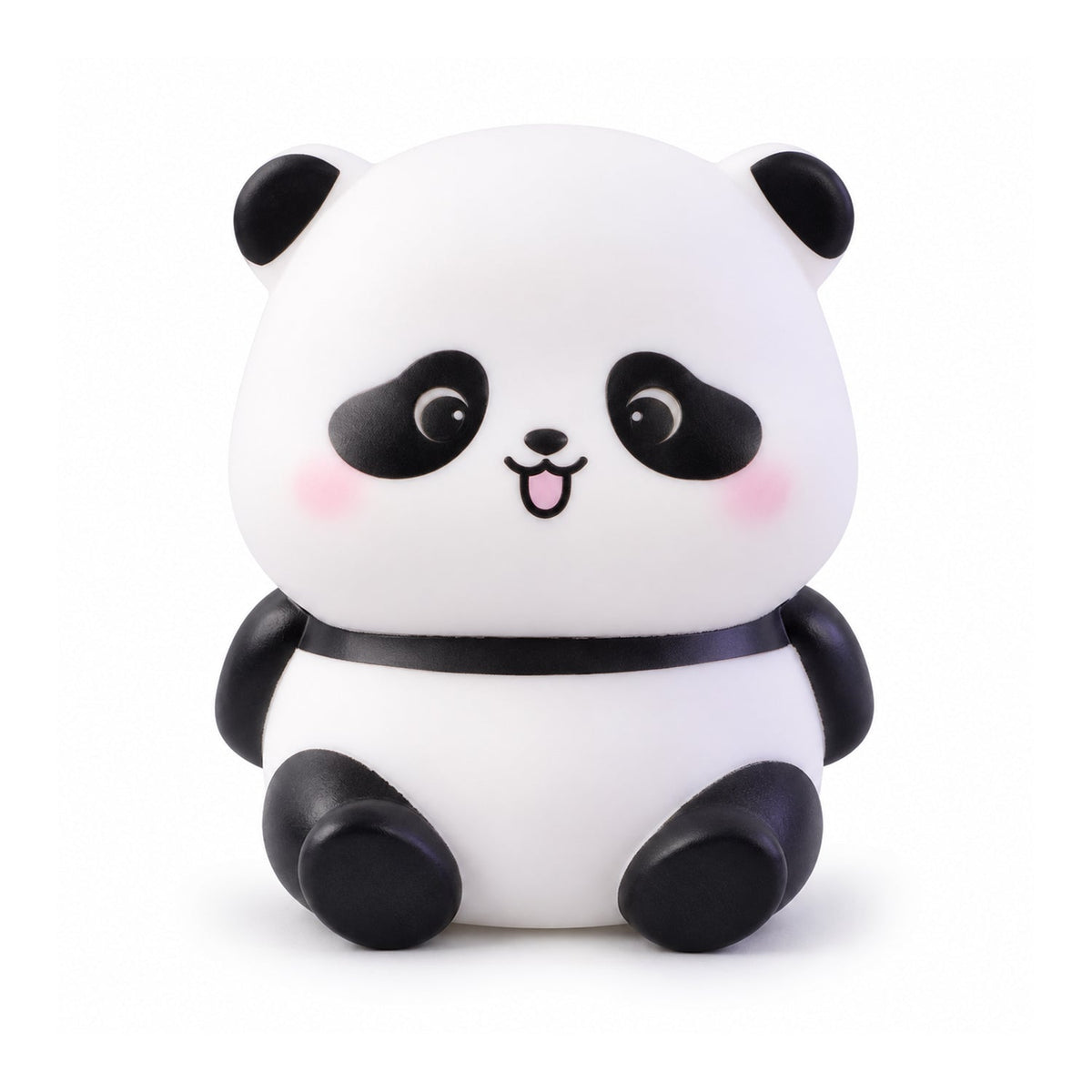 A white panda night light with black ears, eye patches, and limbs, featuring pink cheeks and a smiling face, on a white