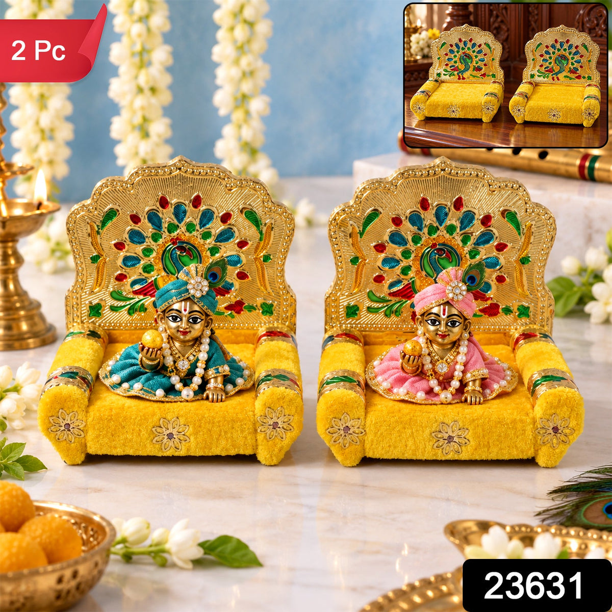 Two golden singhasans with yellow seats and peacock backrests, one with an idol, displayed on a white surface with a product