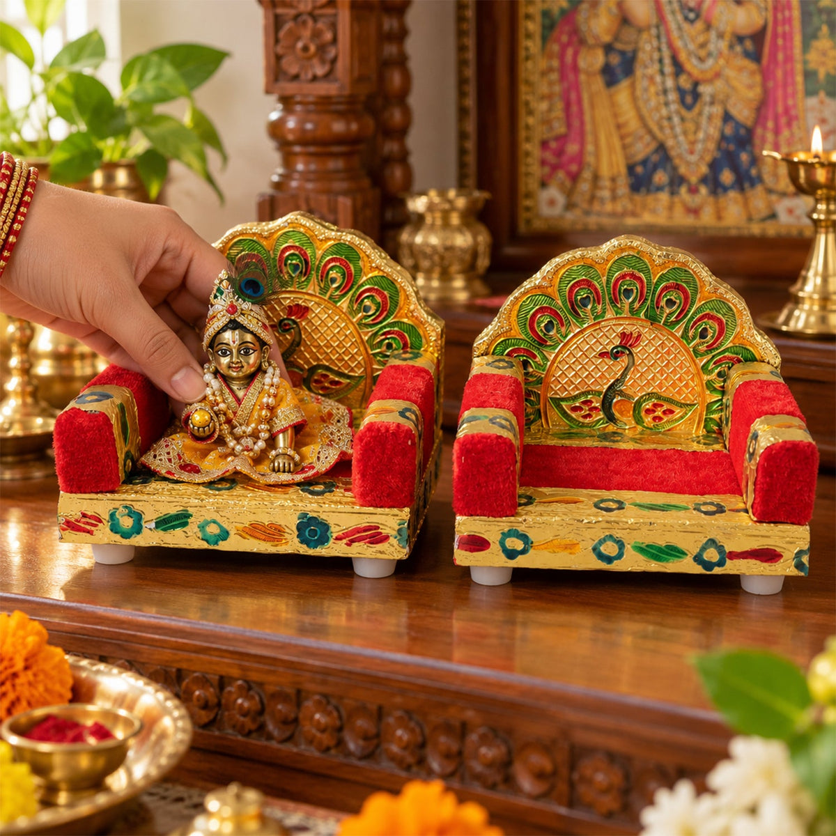 Red Peacock Laddu Gopal Singhasan