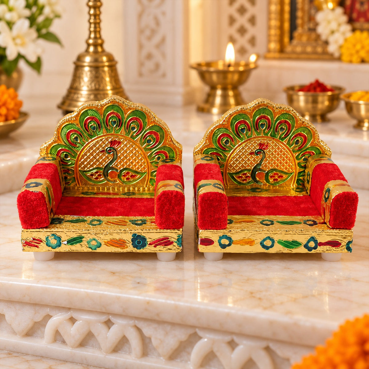 Red Peacock Laddu Gopal Singhasan