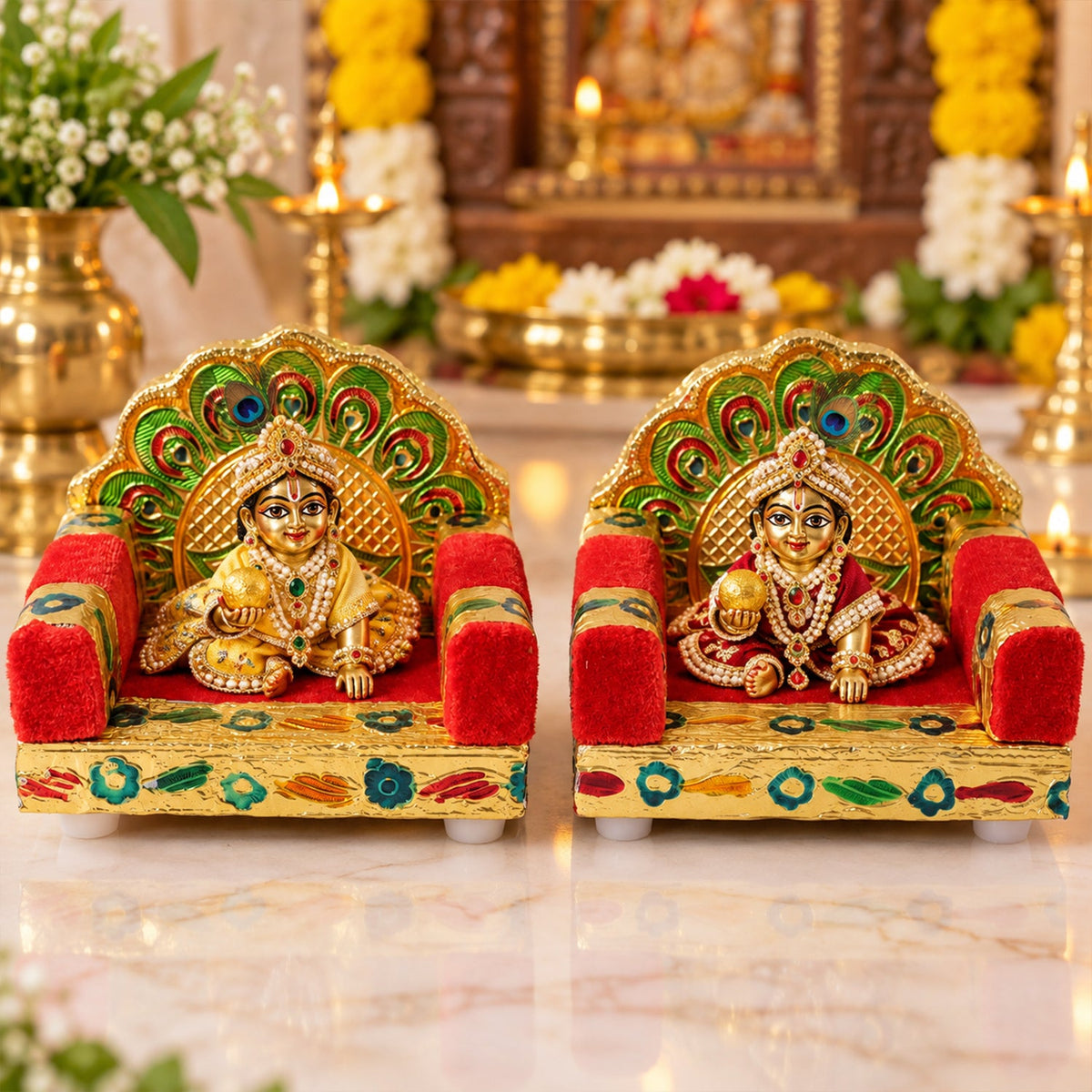 Red Peacock Laddu Gopal Singhasan