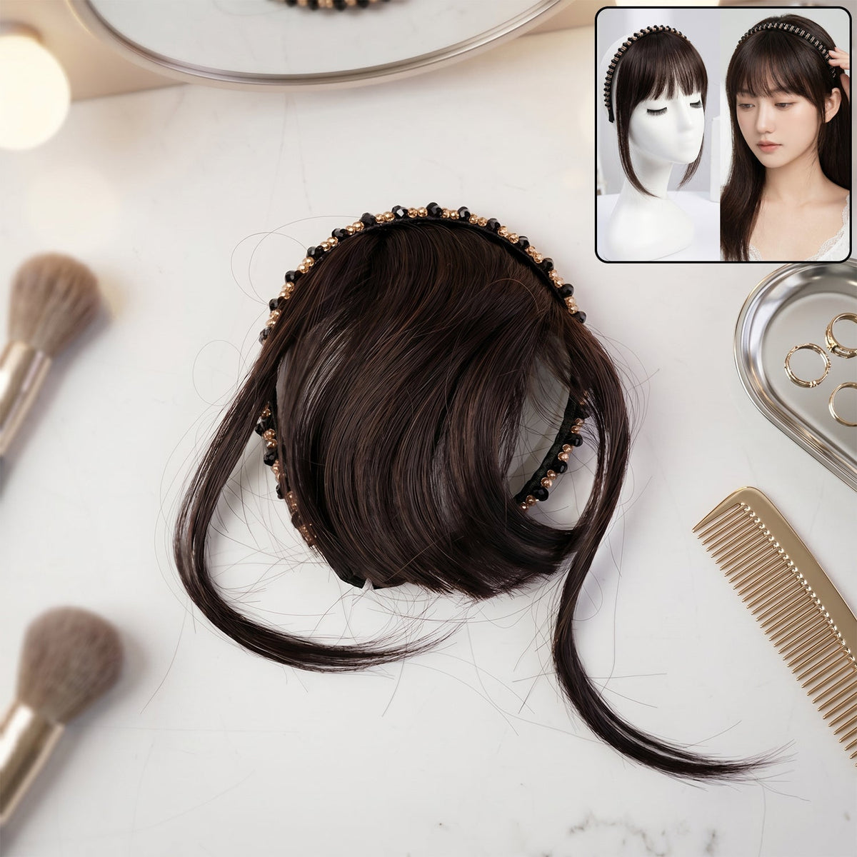 Close-up of natural black synthetic hair bangs clip for women