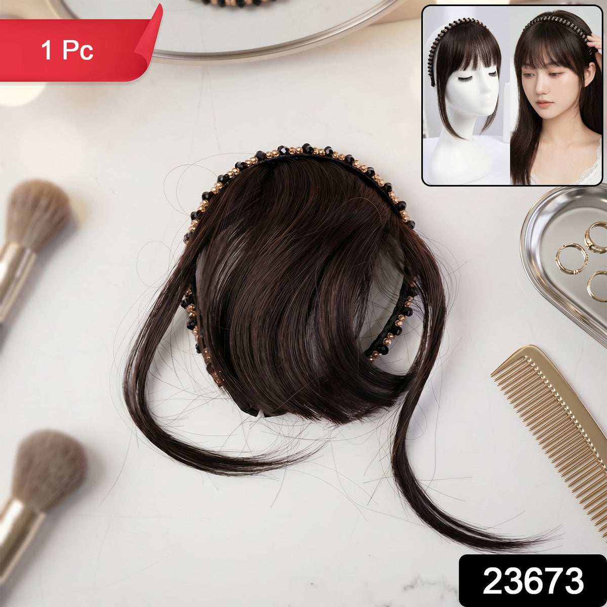 Women wearing easy-to-clip synthetic hair bangs headband in natural black