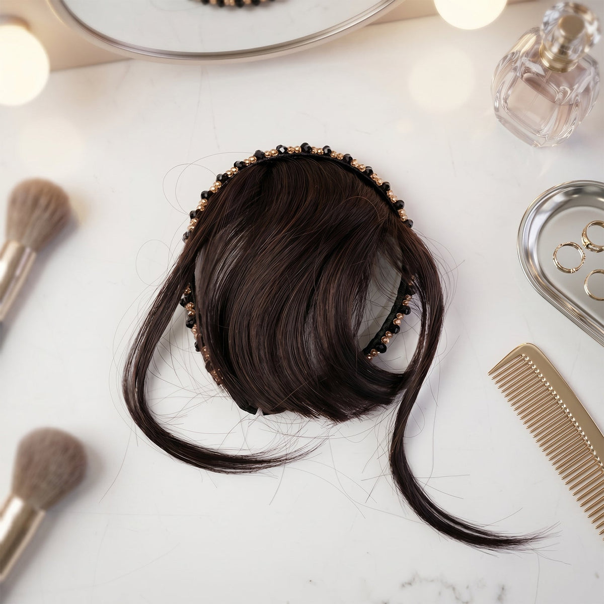 Woman styling her hair with synthetic clip-in bangs headband