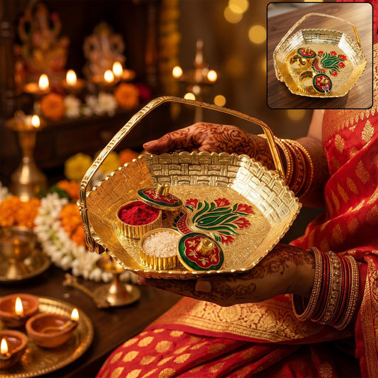 Golden Kumkum Kankavati Basket with handle