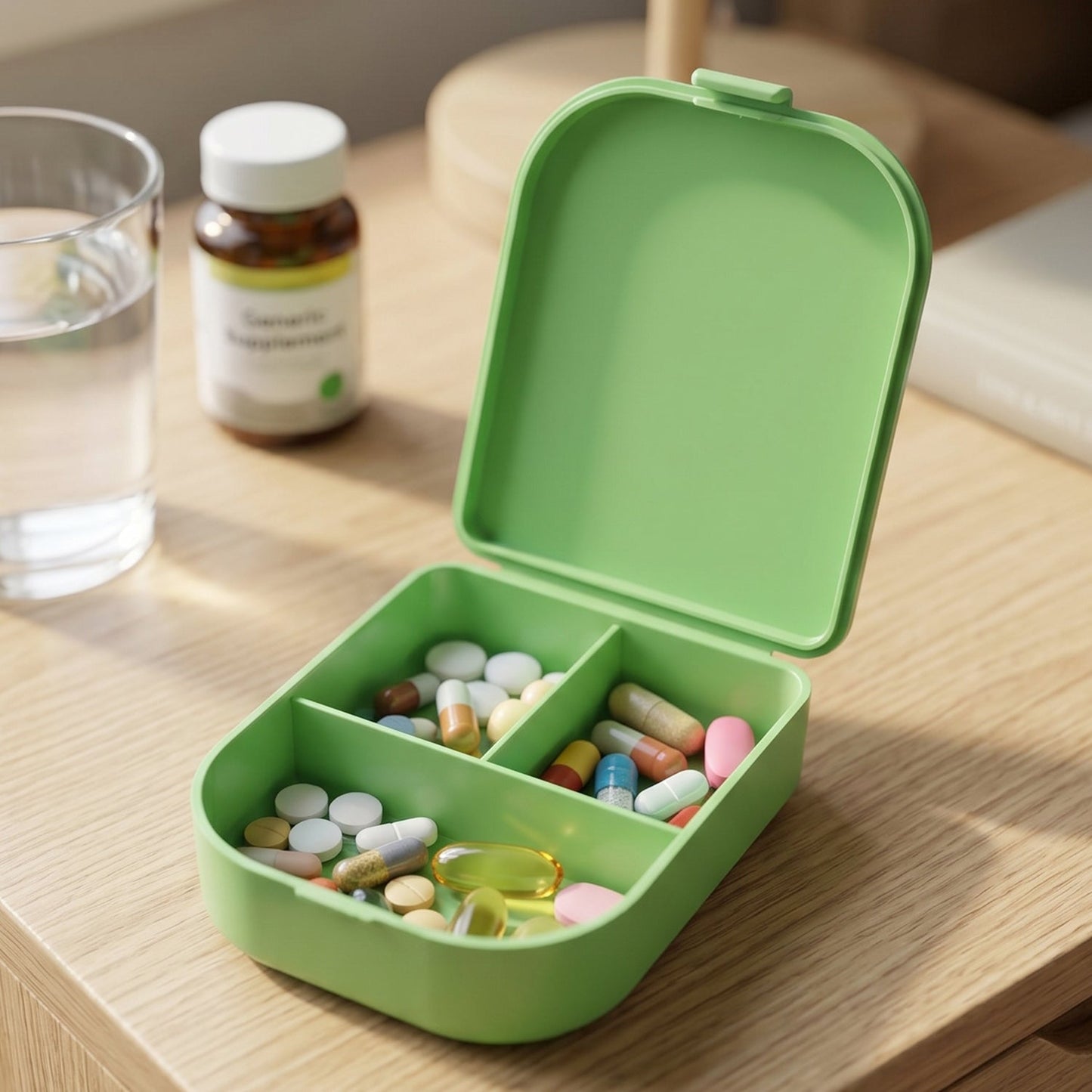 Pill organizer box on a bedside table, illustrating daily use.