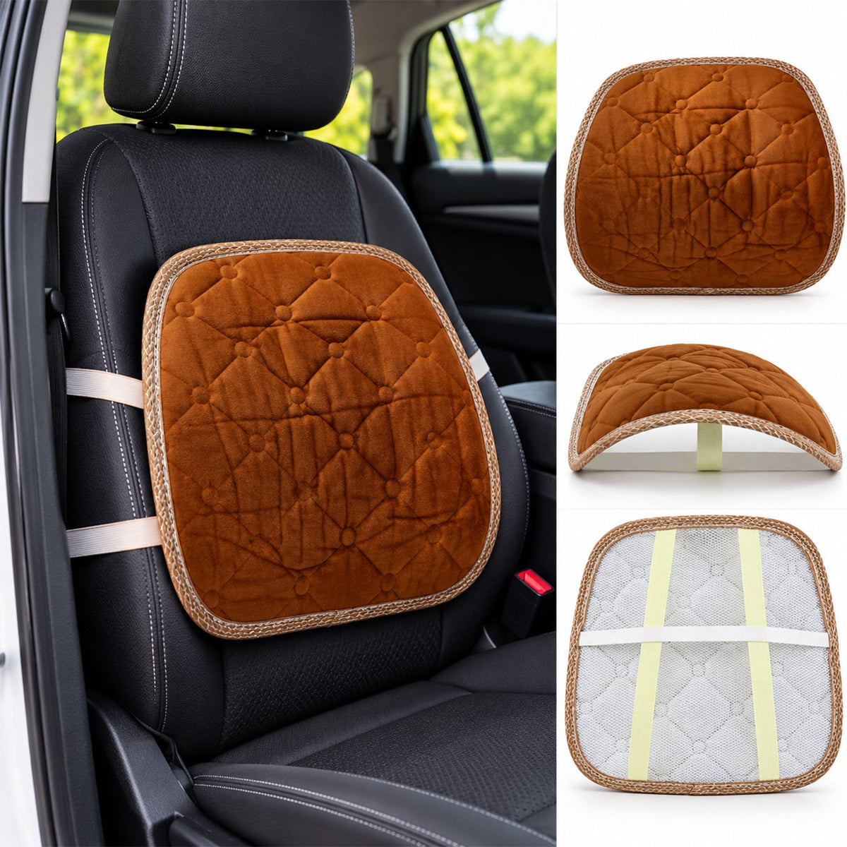 Composite image showing the brown cushion on a car seat, top view, side profile, and rear view.