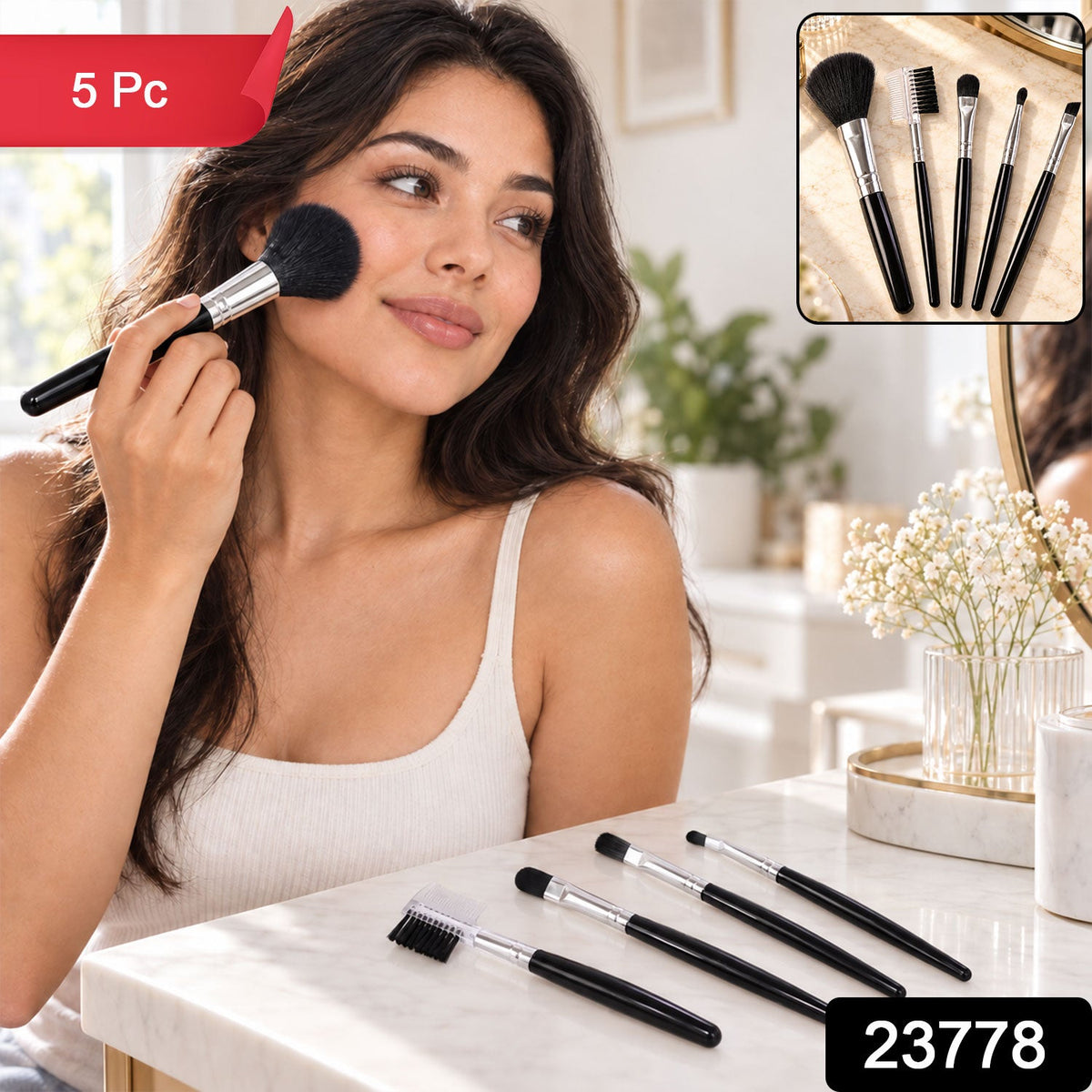Mini Makeup Brush Set for Face Eye Brow and Lip Makeup with Compact Tools (5 Pc)