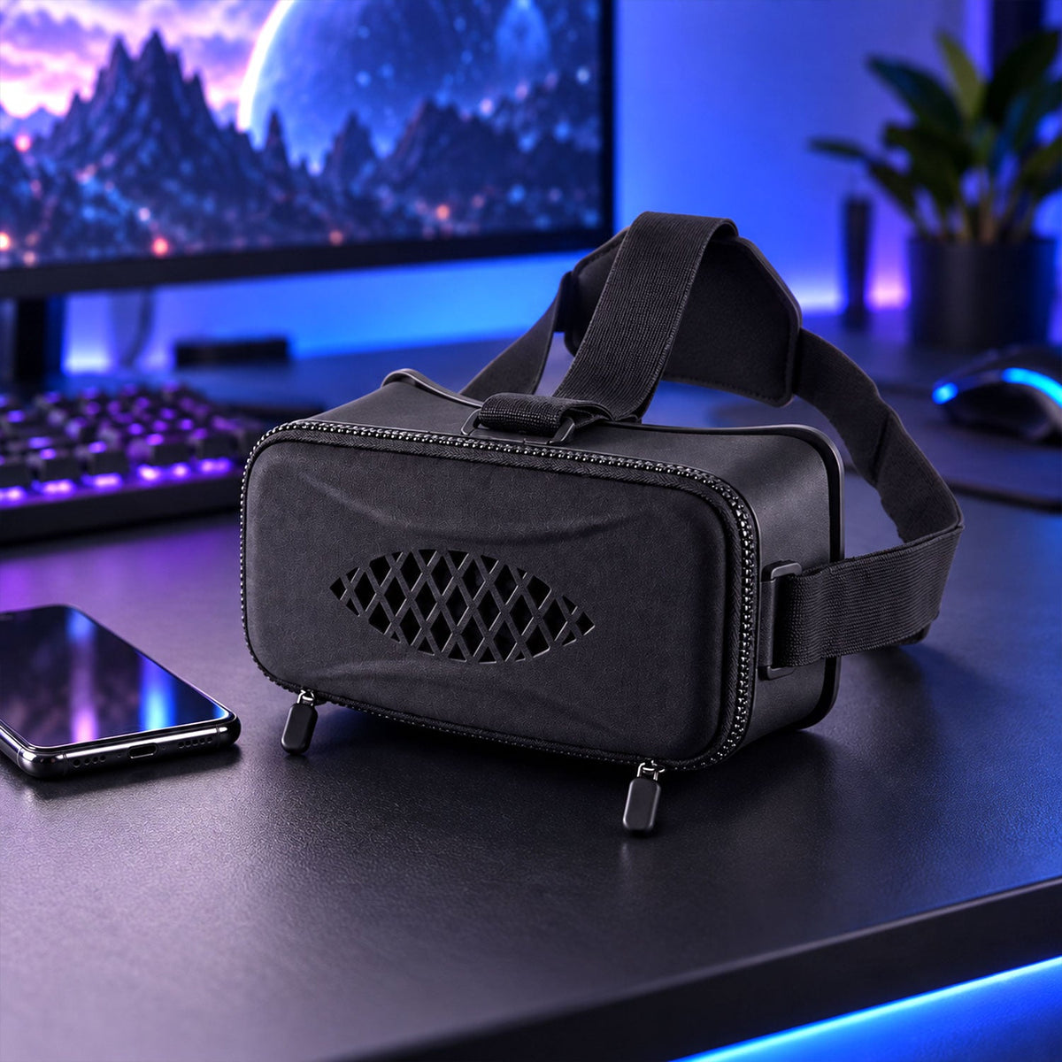 A black VR headset with a textured front panel rests on a dark desk next to a smartphone.