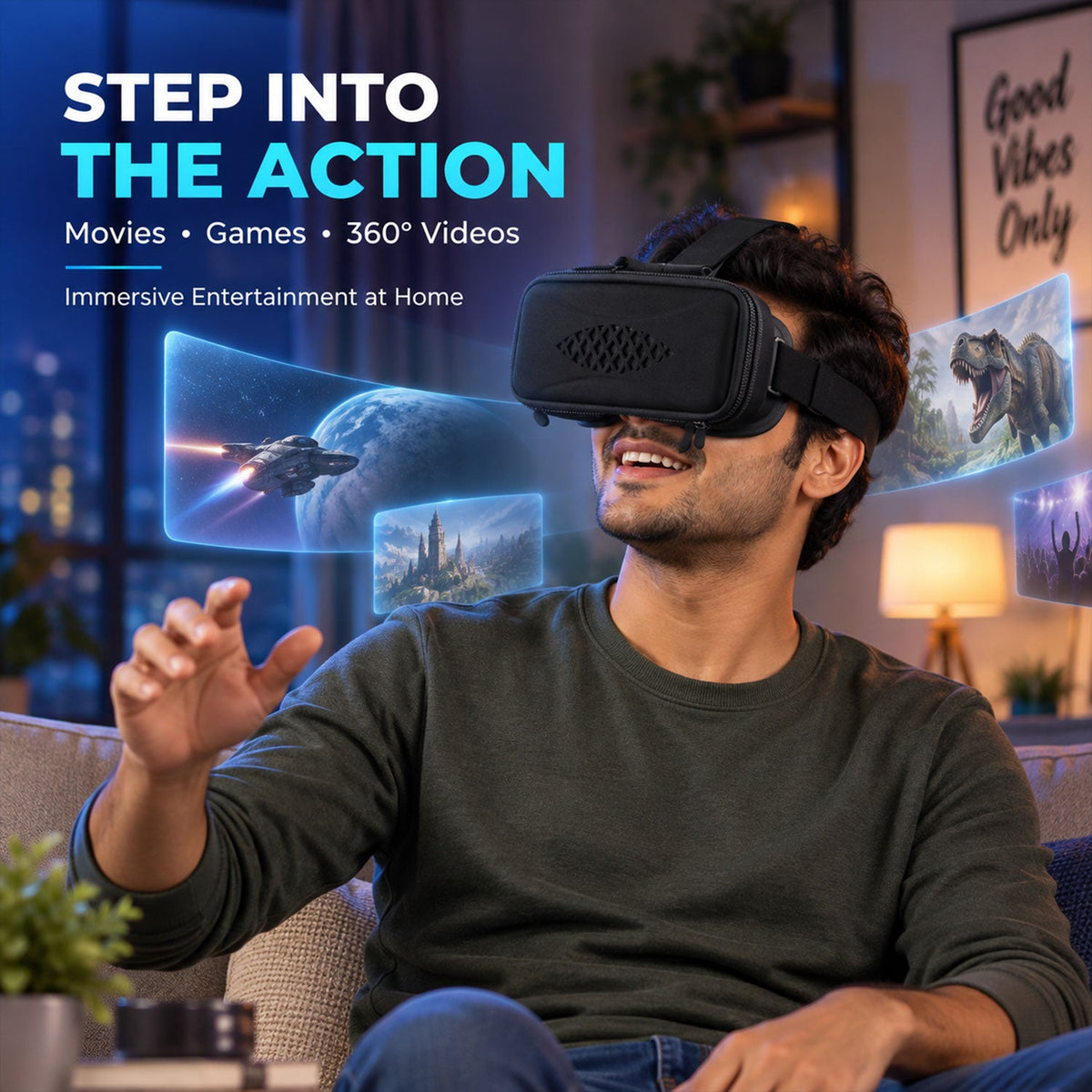 A man on a couch wearing a black VR headset, reaching out to interact with virtual screens.