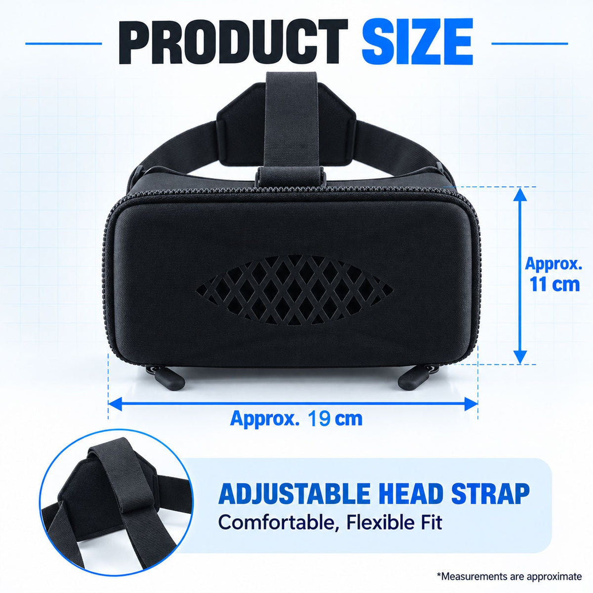 A black VR headset with approximate dimensions of 19 cm width and 11 cm height shown.