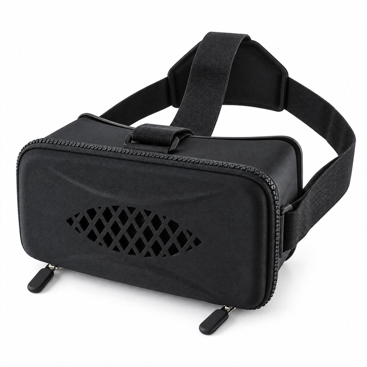 A black virtual reality headset with adjustable straps and a diamond-patterned front on a white background.