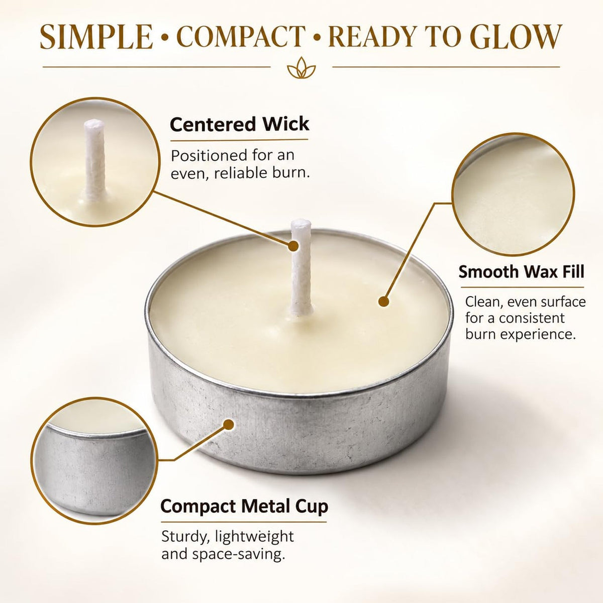 A close-up of a tea light candle highlighting its centered wick, smooth wax, and metal cup.