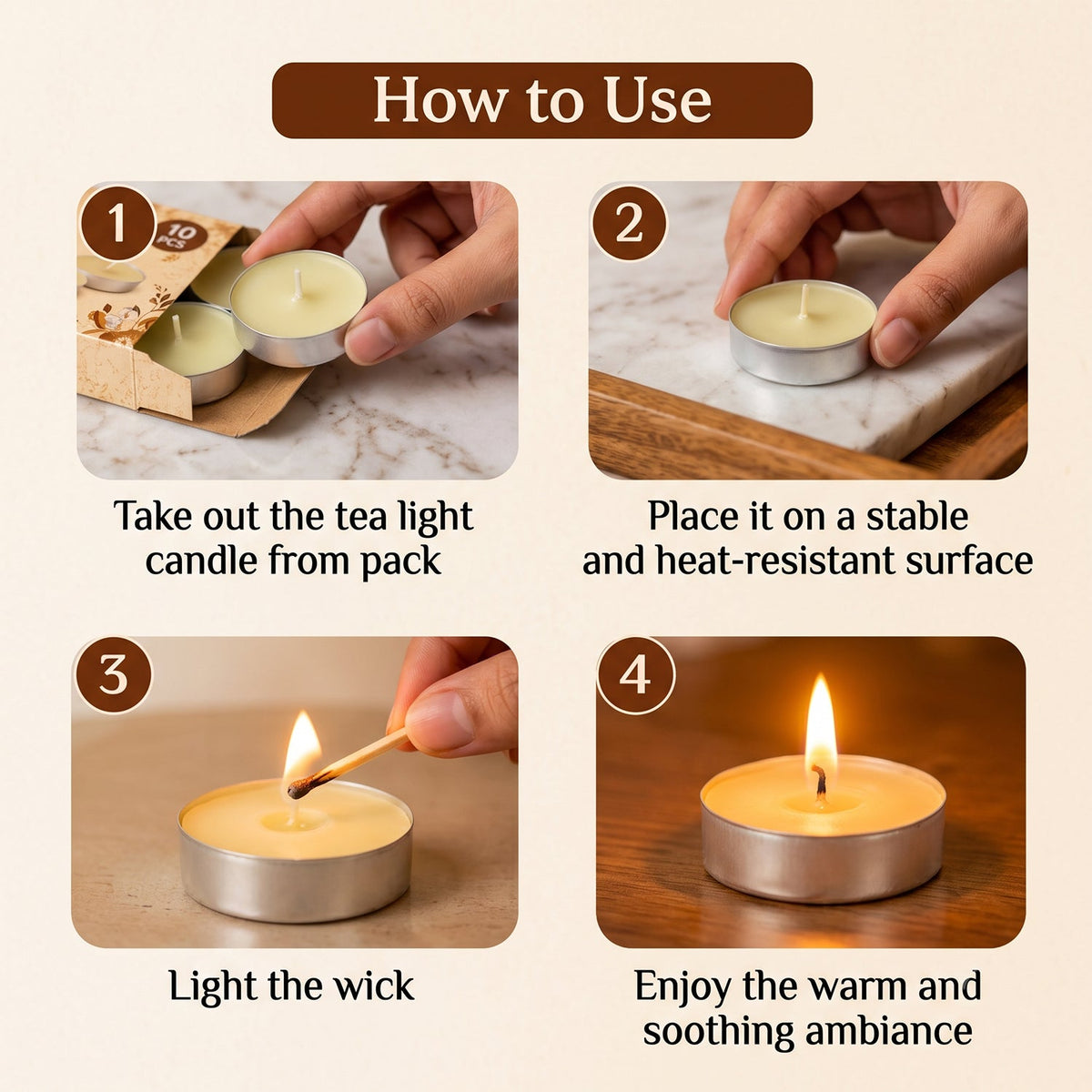 Four step-by-step instructions on how to use a tea light candle, from unboxing to lighting.
