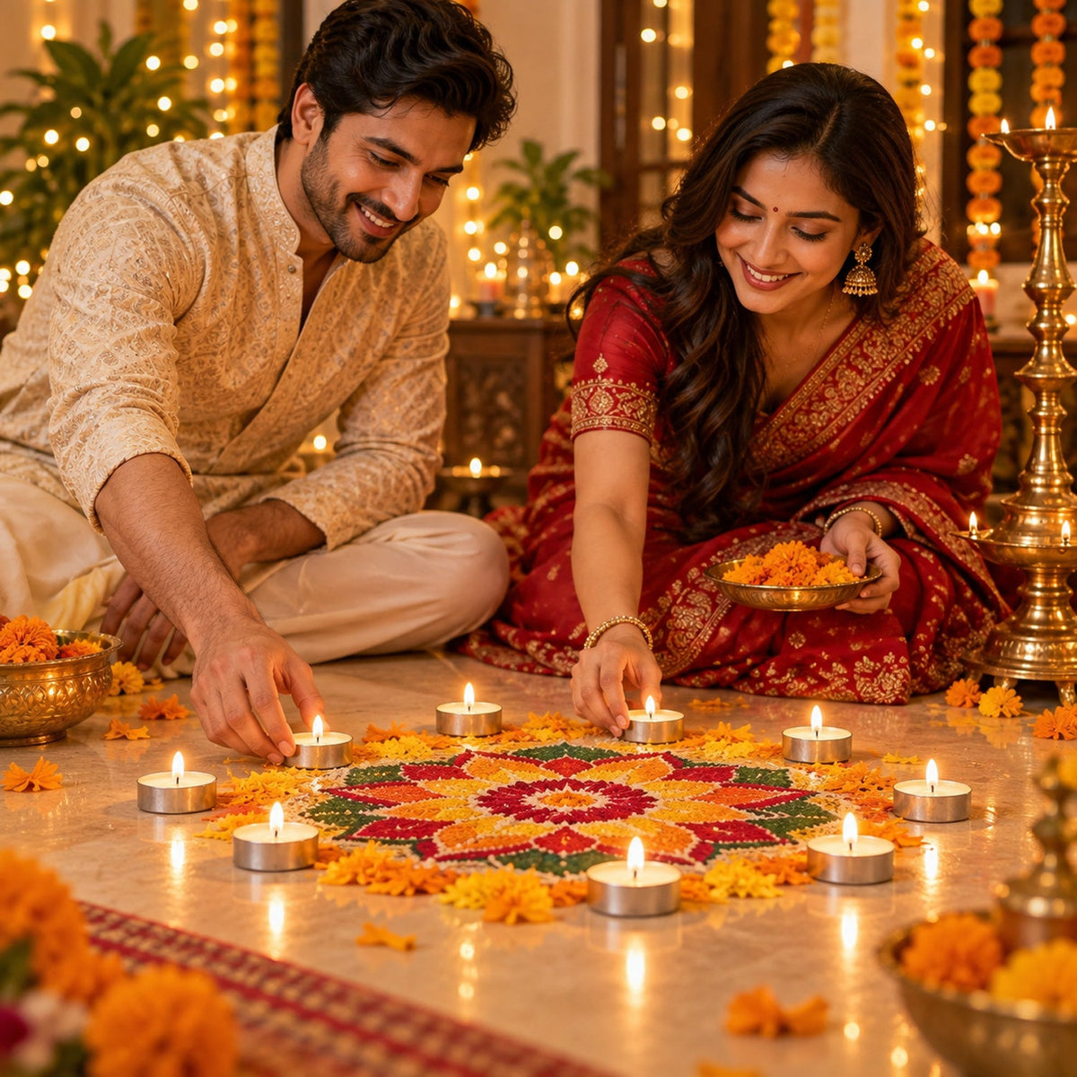 A couple sitting on the floor, arranging lit tea light candles around a colorful floral rangoli.