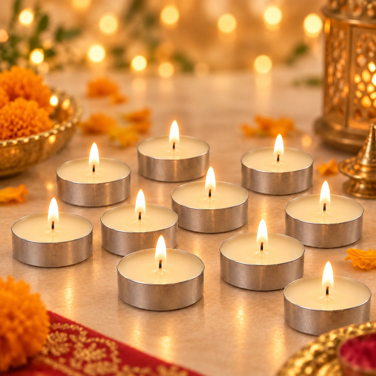 Ten lit tea light candles glow on a decorated surface with blurred background lights.