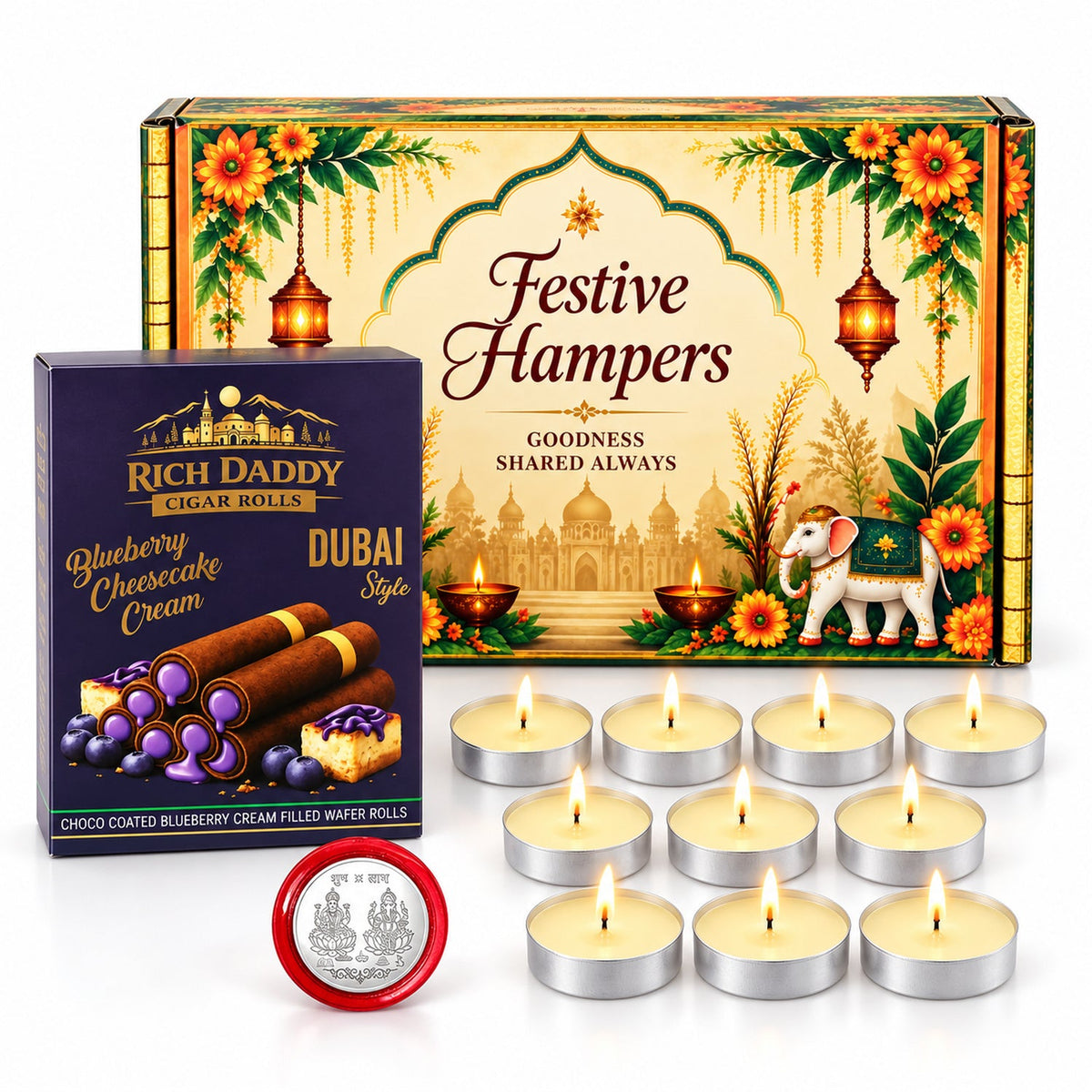 A festive hamper box, a small box of wafer rolls, and nine lit tea light candles are arranged on a marble surface â€“ view 2