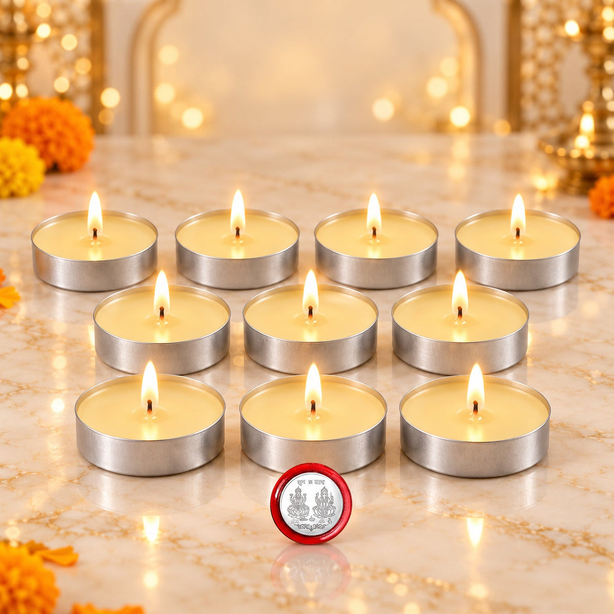 Nine lit tea light candles are arranged in three rows on a marble surface, with a small silver coin in front.