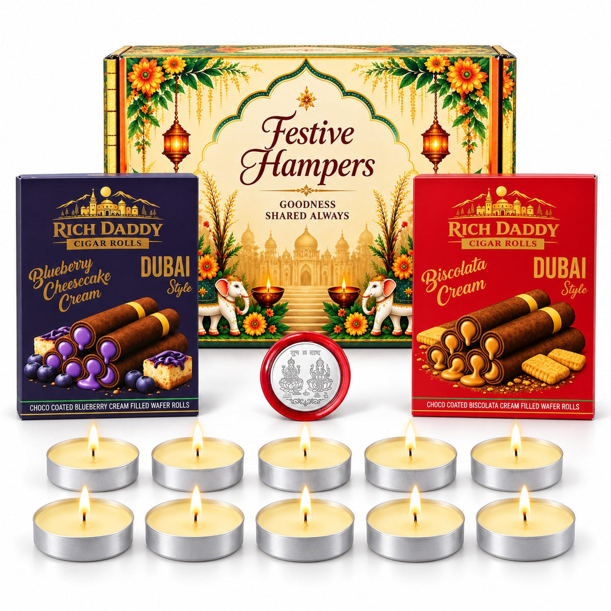 A festive gift hamper with two boxes of cigar rolls, a silver coin, and ten unlit tea light candles on a marble surface.