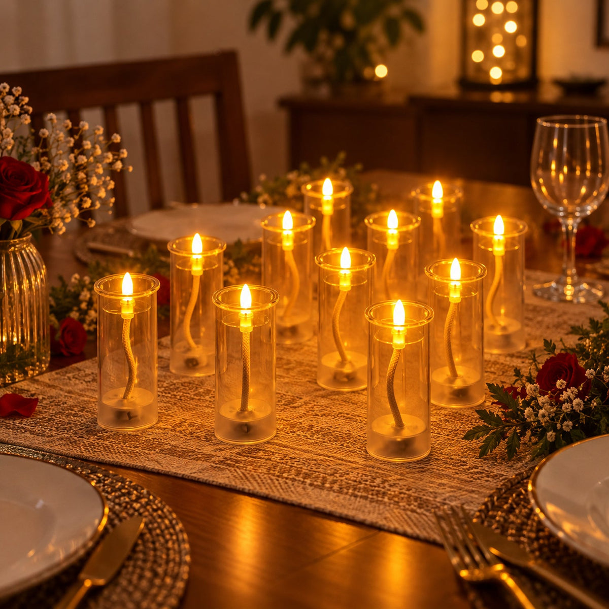A romantic table setting with twelve glowing LED swing candles, surrounded by red roses and small white flowers.