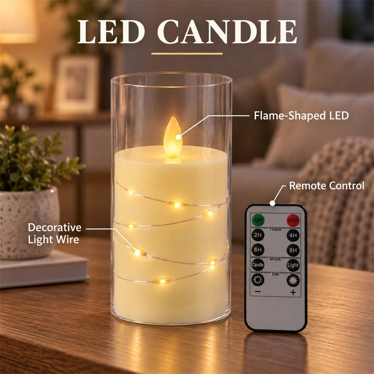 A hand gently touches the LED candle in its glass cylinder, which glows on a bedside table next to the remote control in a